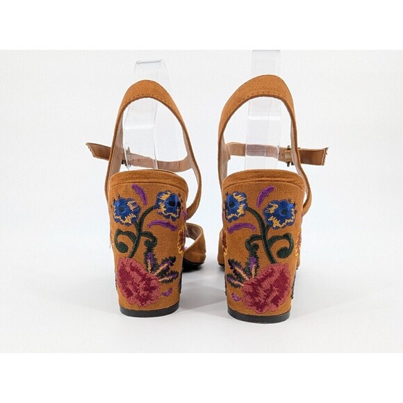 Womens High Heel Sandals 8.5 Brown Floral Embroidery Boho Chic Statement Artsy - Picture 8 of 14